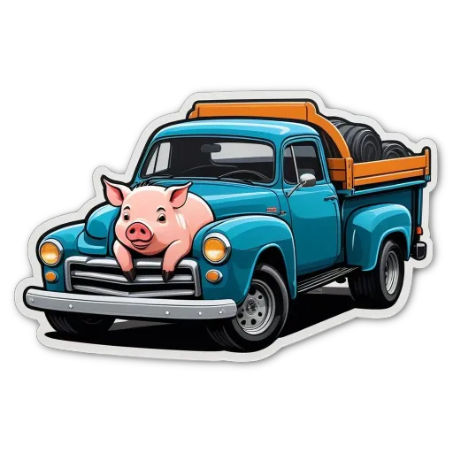 An old blue truck with a cartoon pig on the bed.