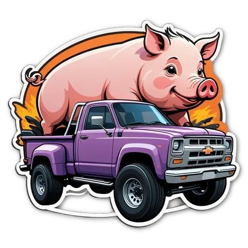 A cartoon depiction of a truck with a pink pig on top.