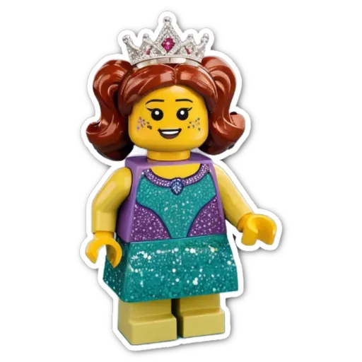 A lego girl with a crown is standing on a black background.