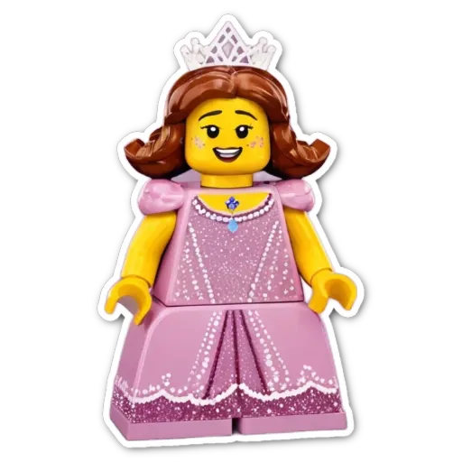 A lego girl with a crown and pink dress.