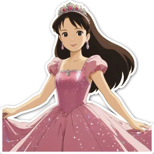 A girl is wearing a pink sparkling dress.