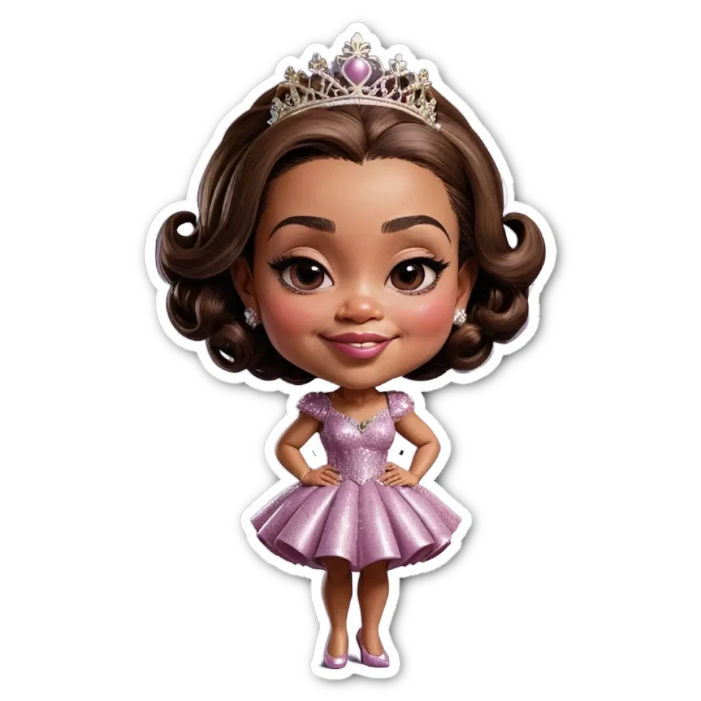 A cartoon girl wearing a tiara is standing up with her hands on her hips.