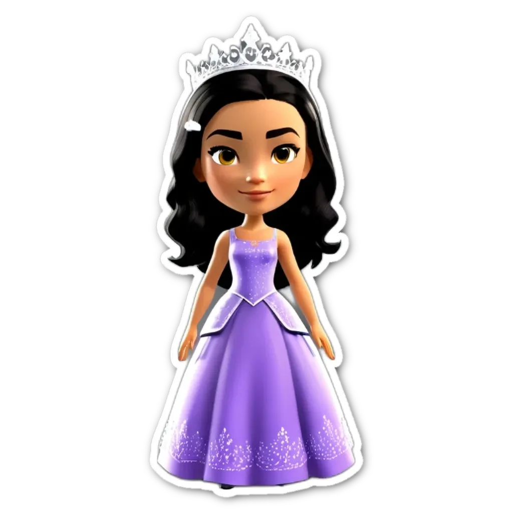 A purple princesses dress with a tiara on her head.