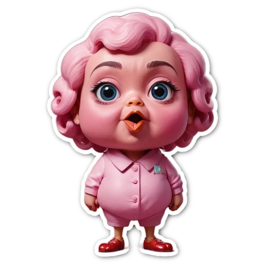 A plastic baby with pink hair and a red shoe.