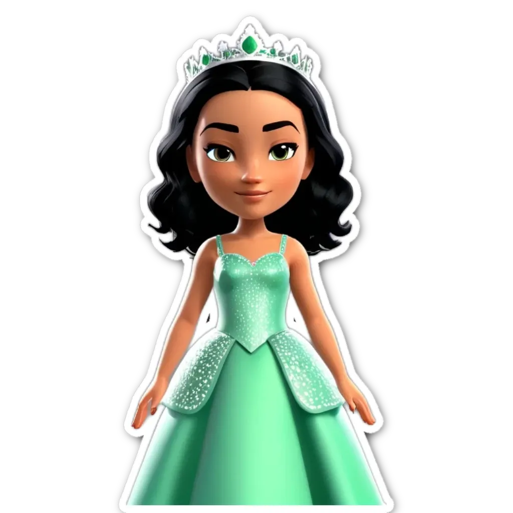 A green princess in a tiara is standing on a black background.