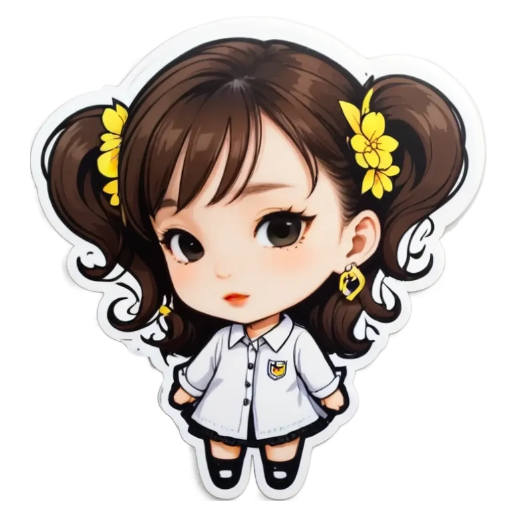 A girl with pigtails and a white shirt, standing in front of a black background.