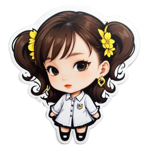 A girl with pigtails and a white shirt, standing in front of a black background.