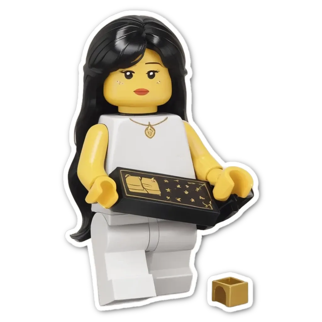 A lego girl holding a star sign book.