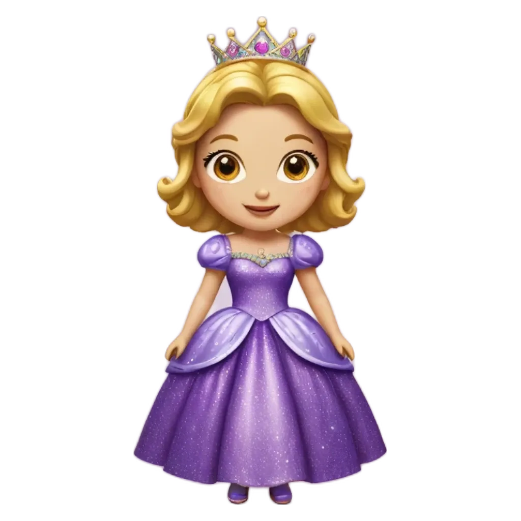 A cartoon image of a girl wearing a purple dress with a crown.