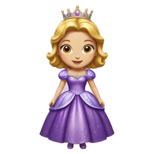 A cartoon image of a girl wearing a purple dress with a crown.