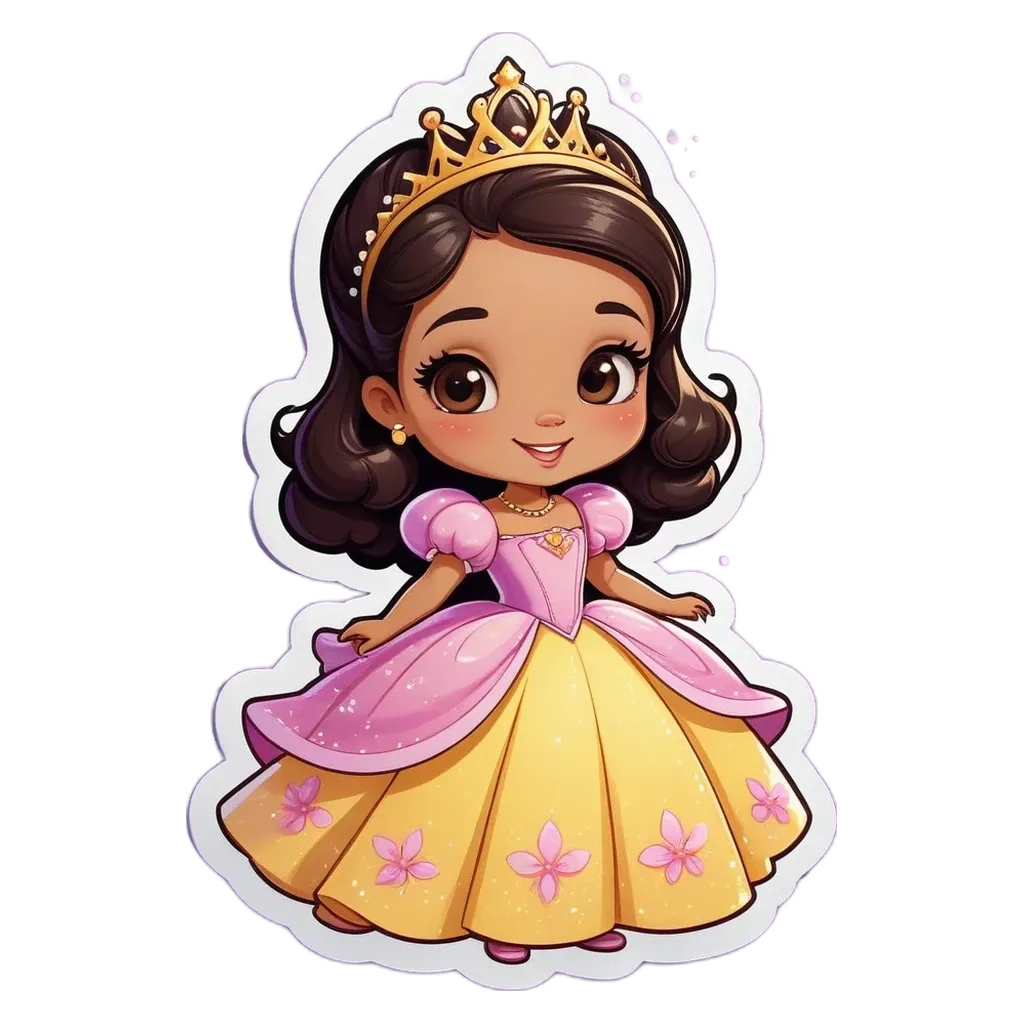 A cartoon girl wearing a pink and yellow dress with flowers on it.