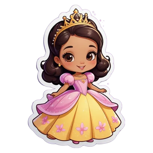 A cartoon girl wearing a pink and yellow dress with flowers on it.
