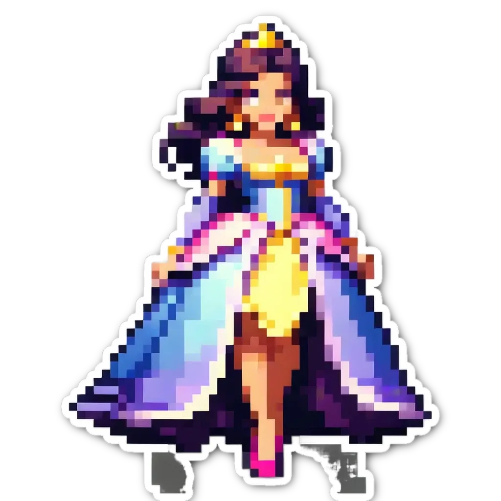 A woman is depicted in a blue and gold dress with her hair in a tiara.