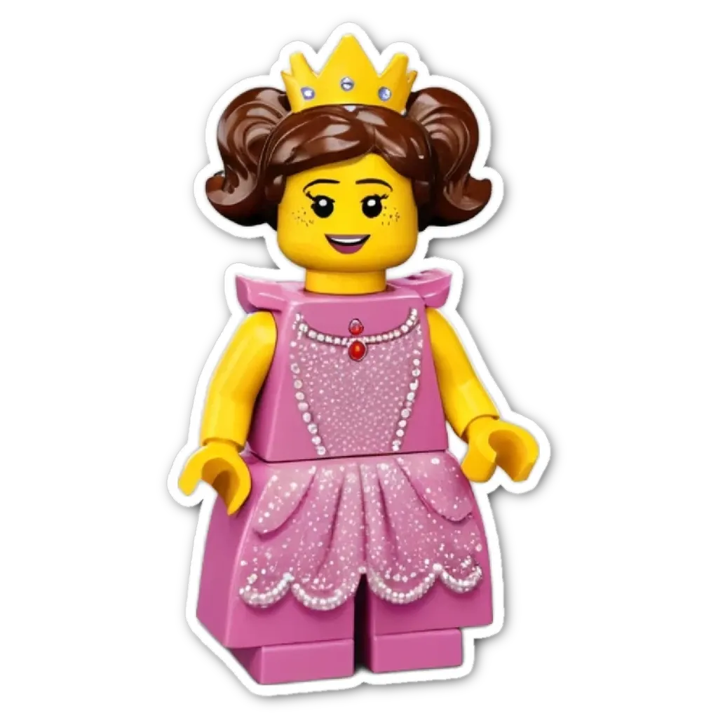 A pink and purple lego girl with a crown.