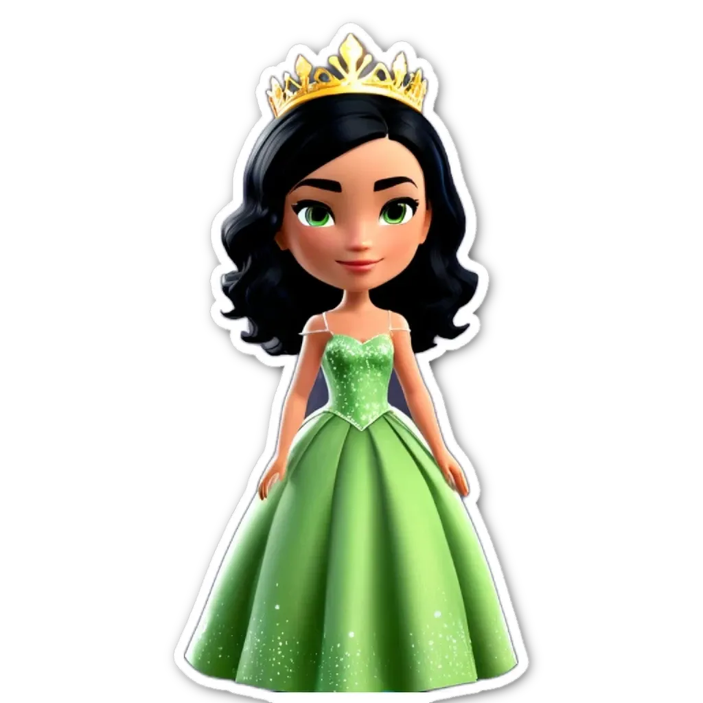 A green princess dress with a gold crown on her head.