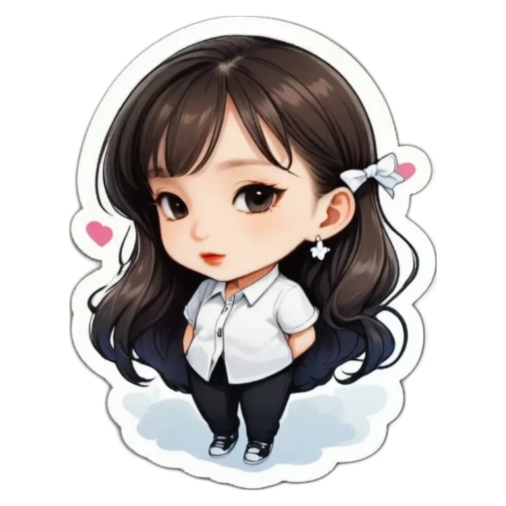 A girl is standing with her hands in her pockets and a heart is behind her.