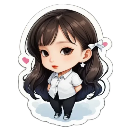 A girl is standing with her hands in her pockets and a heart is behind her.