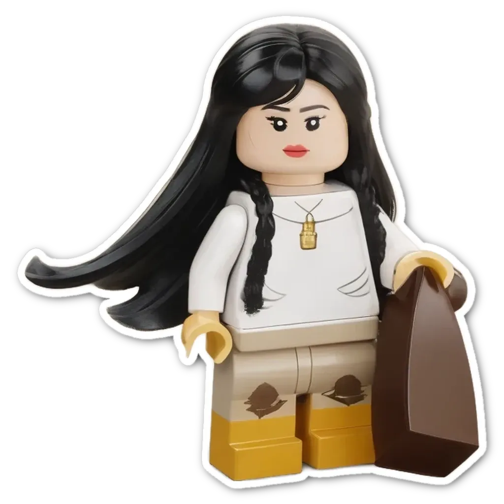 A lego representation of a woman carrying a brown bag.