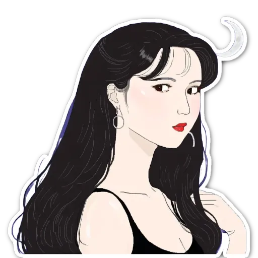 A woman with long hair and a moon sticker on her.