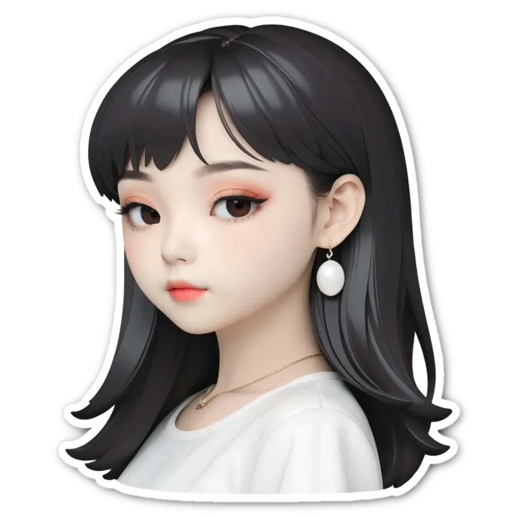 A sticker of a girl with long black hair.