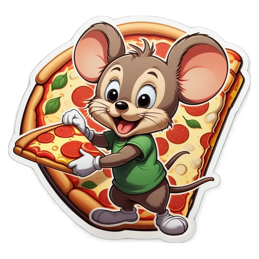 A cartoon pizza and a mouse holding a slice.