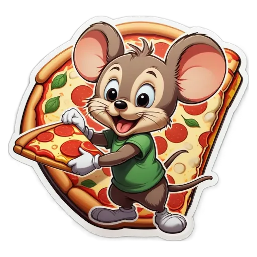 A cartoon pizza and a mouse holding a slice.