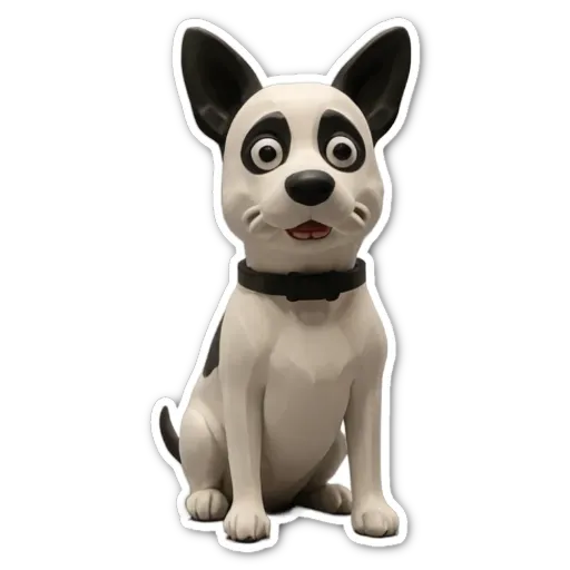 A white and black dog statue sitting on a black background.