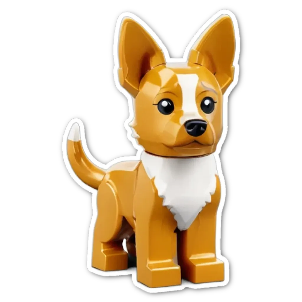 A plastic dog with yellow and white fur.