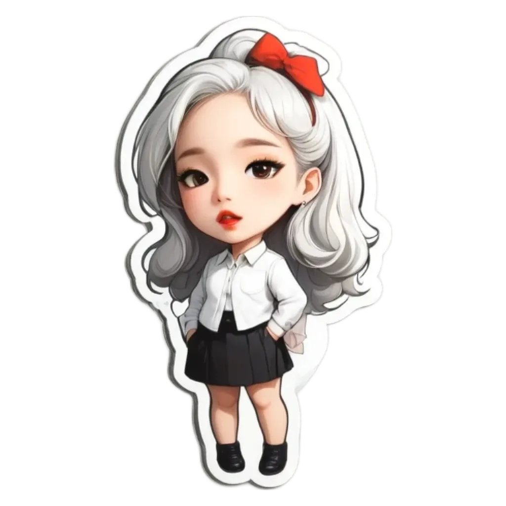 A cartoon girl with a bow in her hair standing in front of a black background.