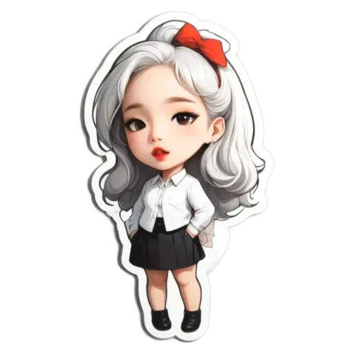 A cartoon girl with a bow in her hair standing in front of a black background.