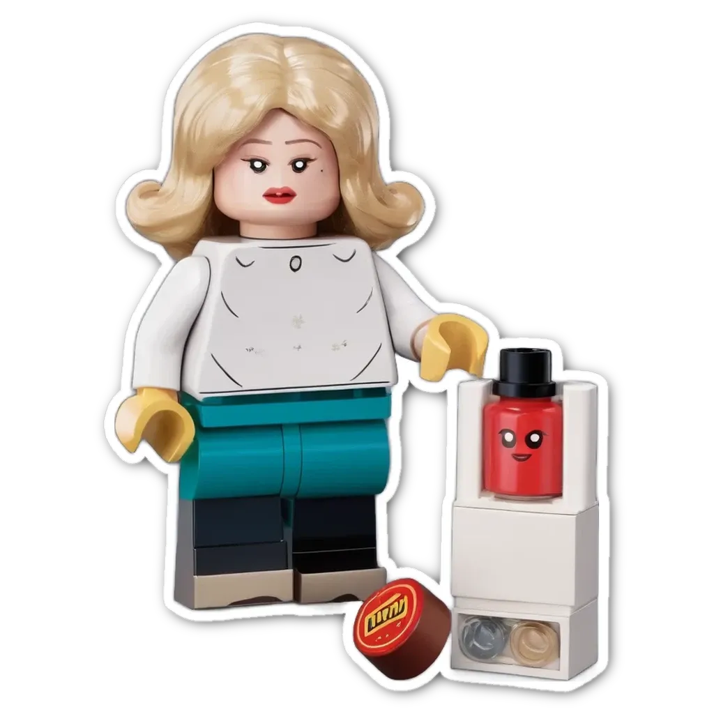 A lego person holding a fake bottle of lipstick.