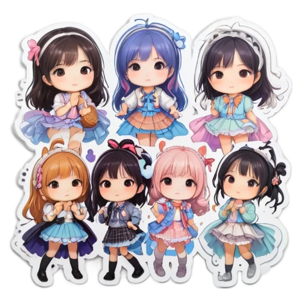 Seven girls cartoon like figures in blue and white dress stickers.