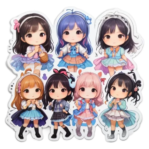 Seven girls cartoon like figures in blue and white dress stickers.