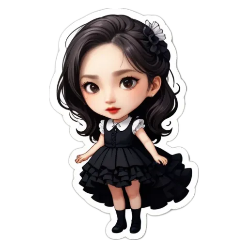 A small girl with black hair and a black dress that has a flower in it.