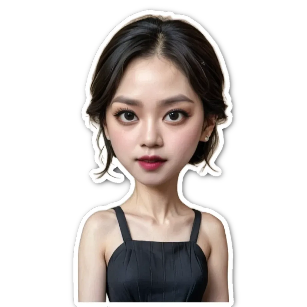 A girl with a black dress and red lipstick is sticker'd.