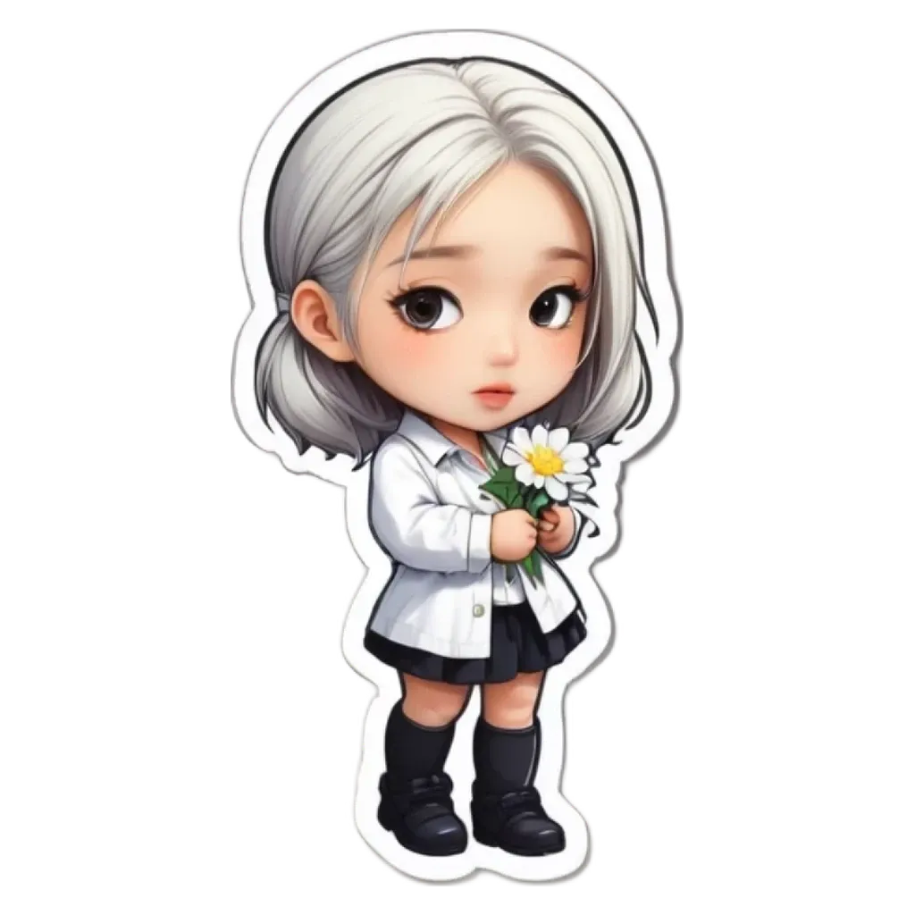 A girl holding a daisy is depicted in a sticker.