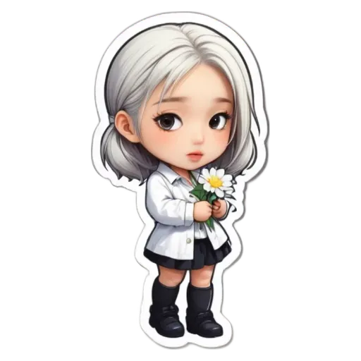 A girl holding a daisy is depicted in a sticker.