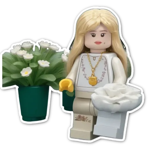 A lego person in front of a flower pot.