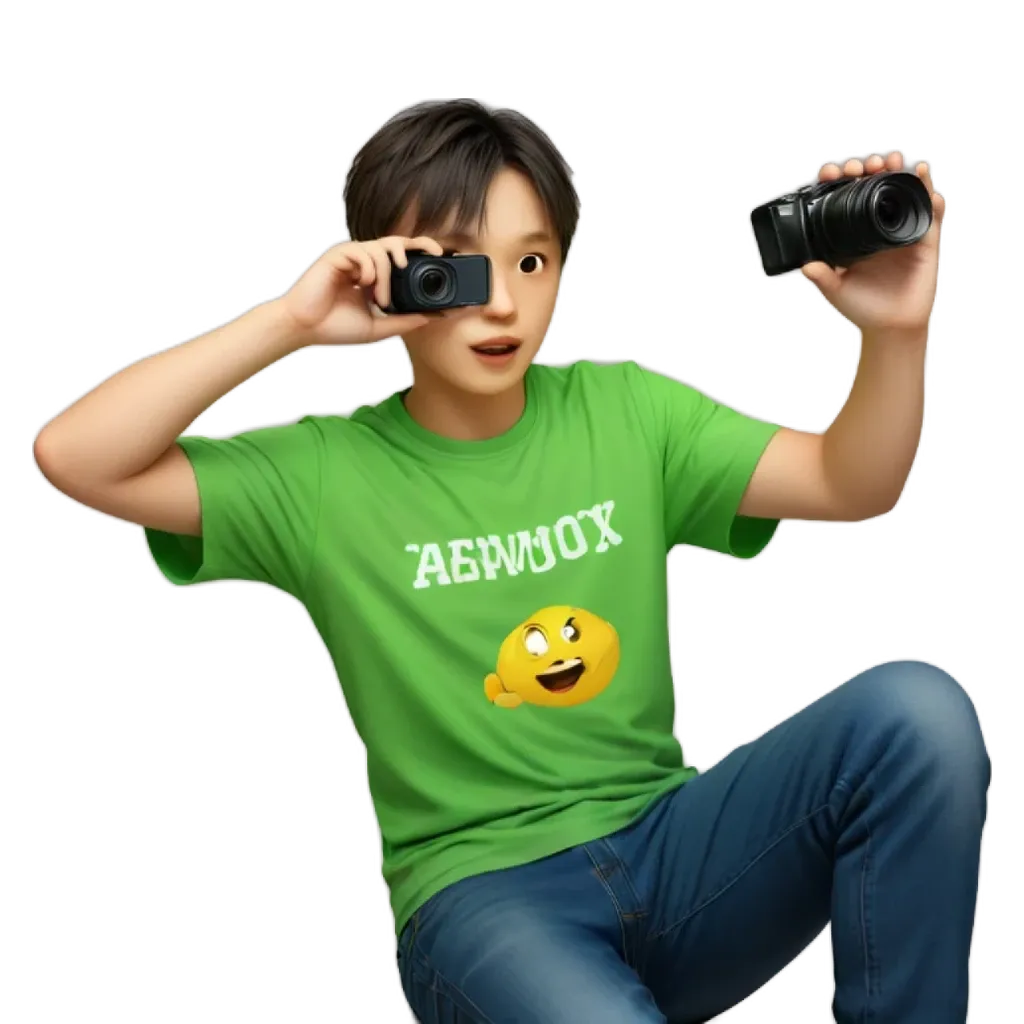 A boy holding a camera with an 'ebowox' shirt on.