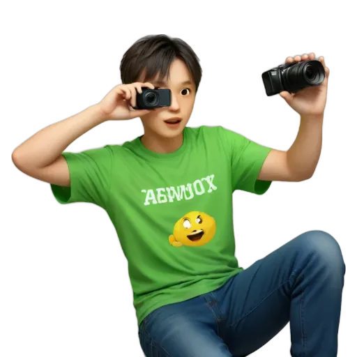 A boy holding a camera with an 'ebowox' shirt on.