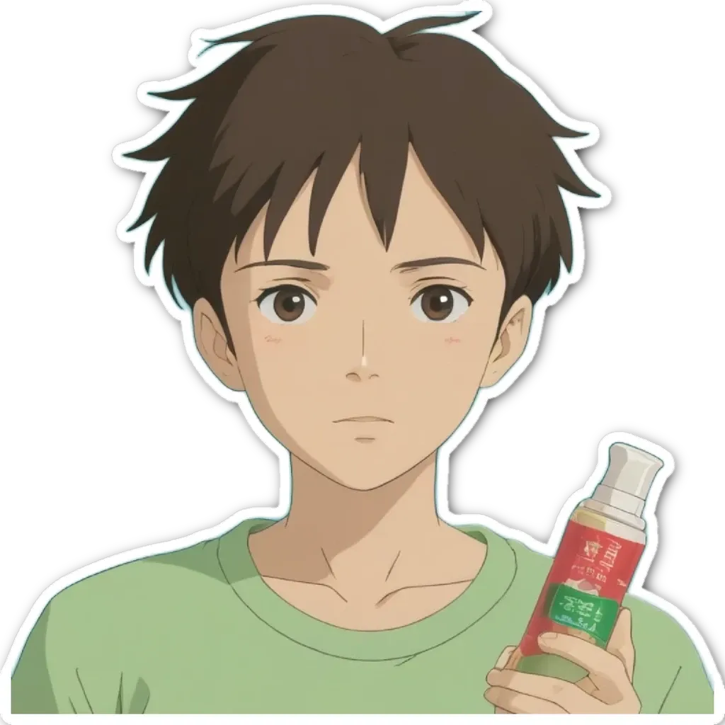 An anime character holding a bottle of lotion.