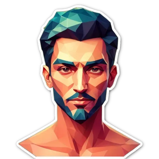 A sticker of a man's face that is colorfully groomed.
