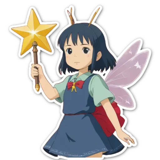 A girl is wearing a blue dress and holding a star with wings.