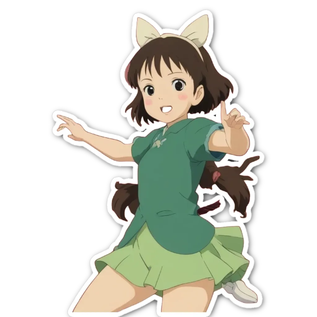 A girl in a green outfit is wearing cat ears and a bow.