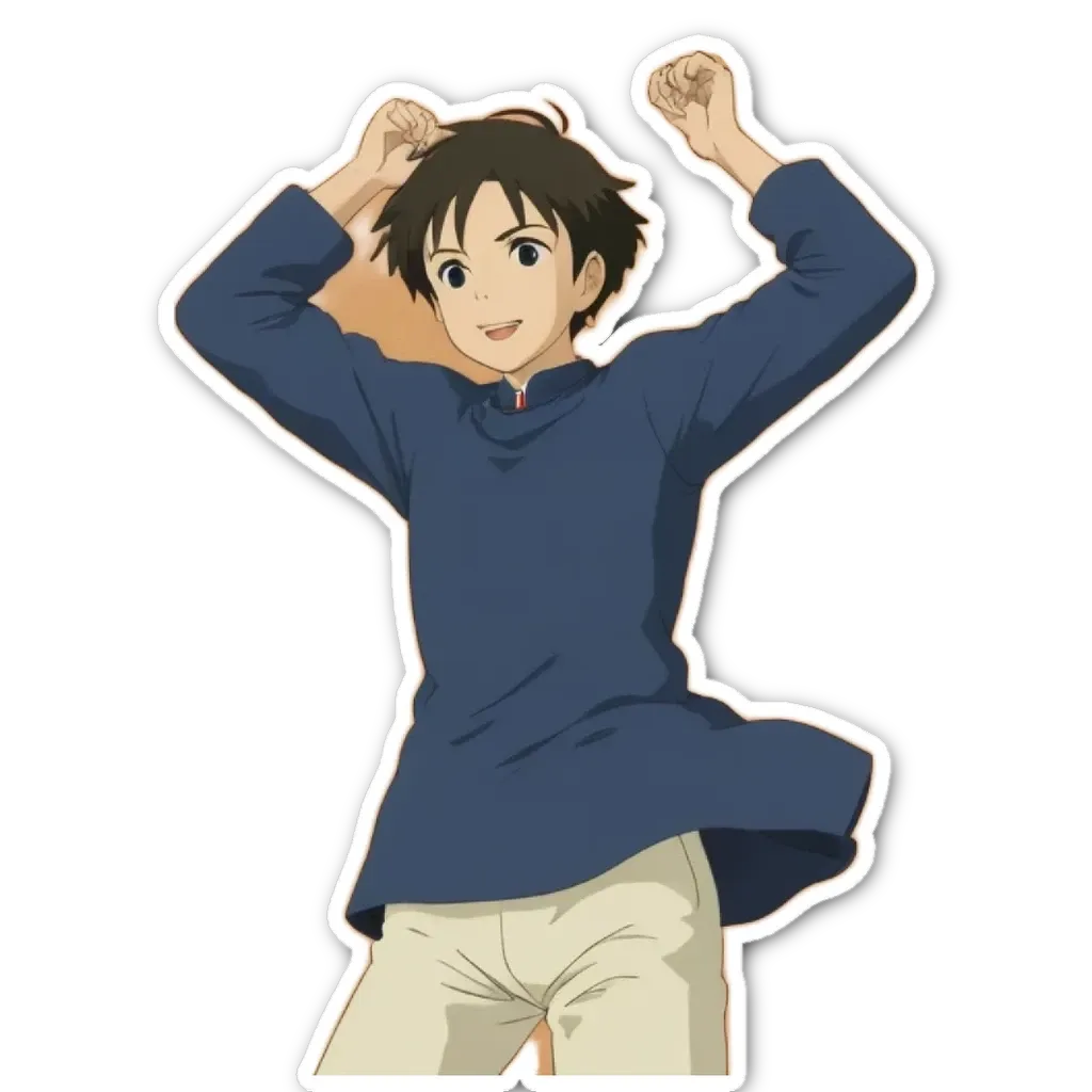 A boy wearing a blue shirt with his arms up.