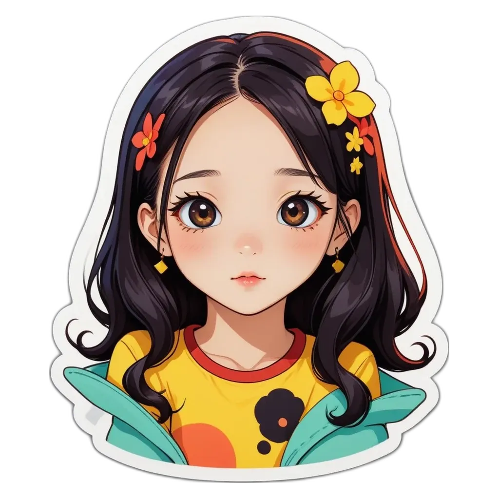 A girl with a yellow flower on her shirt.