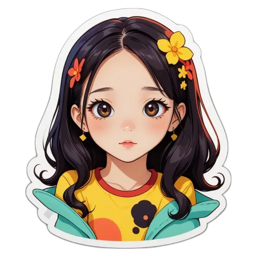 A girl with a yellow flower on her shirt.