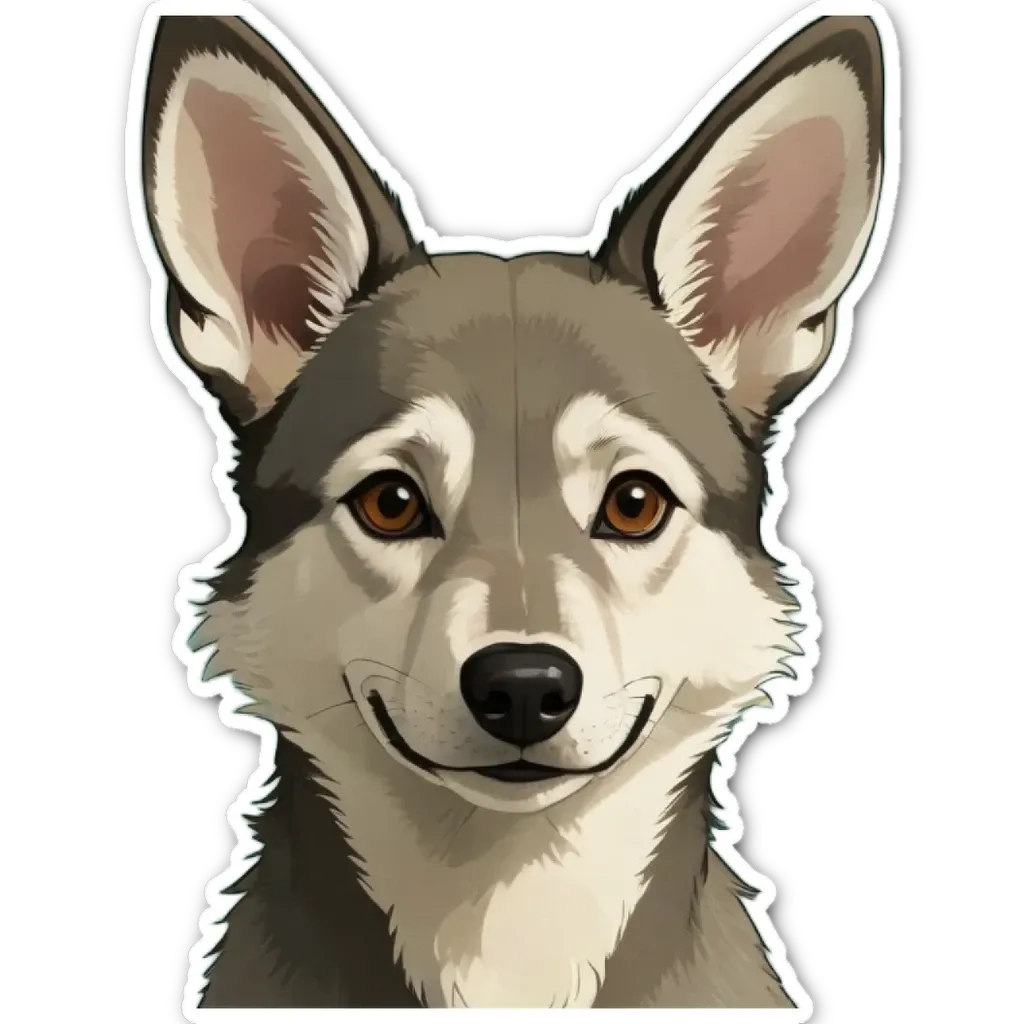 A gray dog sticker with a black background.