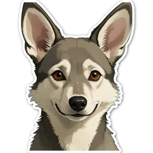 A gray dog sticker with a black background.