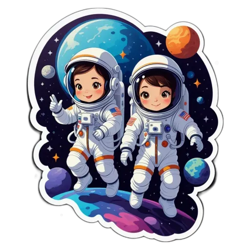 A sticker of two people in space wearing American Flag uniforms.